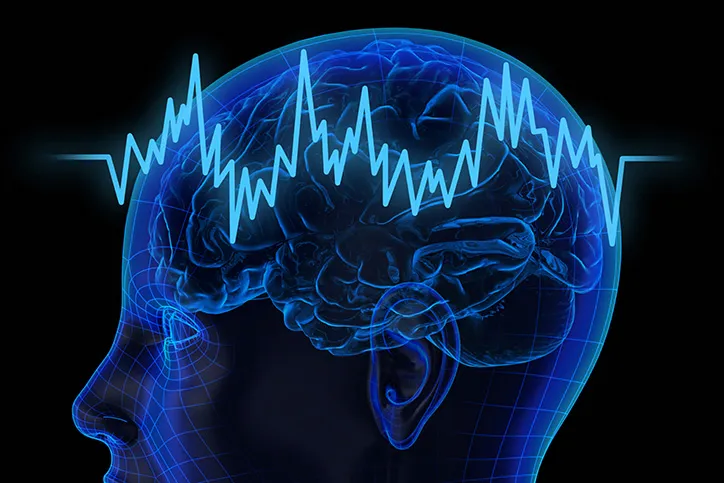 A graphic shows a neon blue contoured outline of a human hea