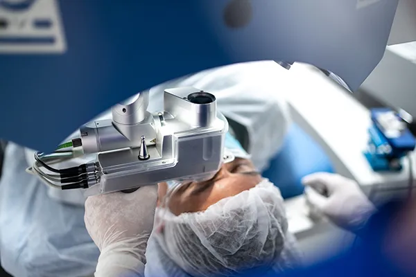 An ophthalmologist performs laser eye surgery using a machin