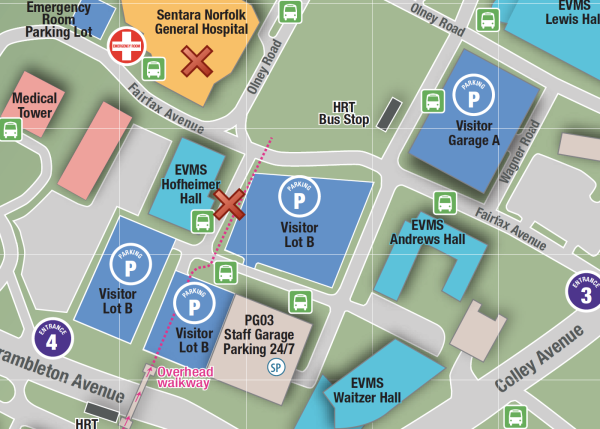 A map showing Hofheimer Hall and Sentara Norfolk General. The two loctions are each marked with a red X.